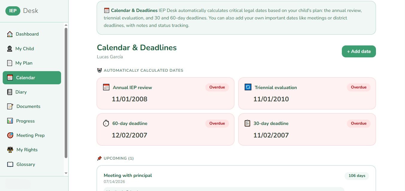 Calendario de IEP Desk con plazos legales calculados automáticamente