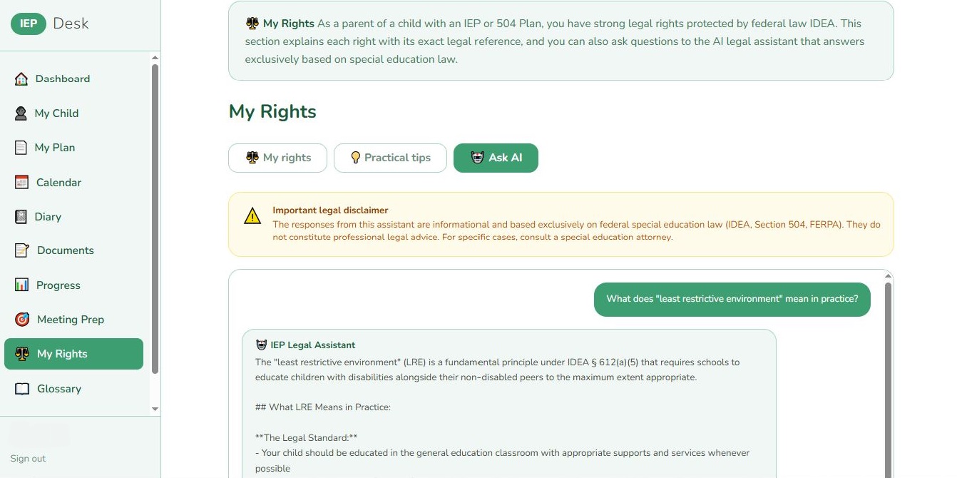 Módulo Mis Derechos de IEP Desk con asistente legal IA